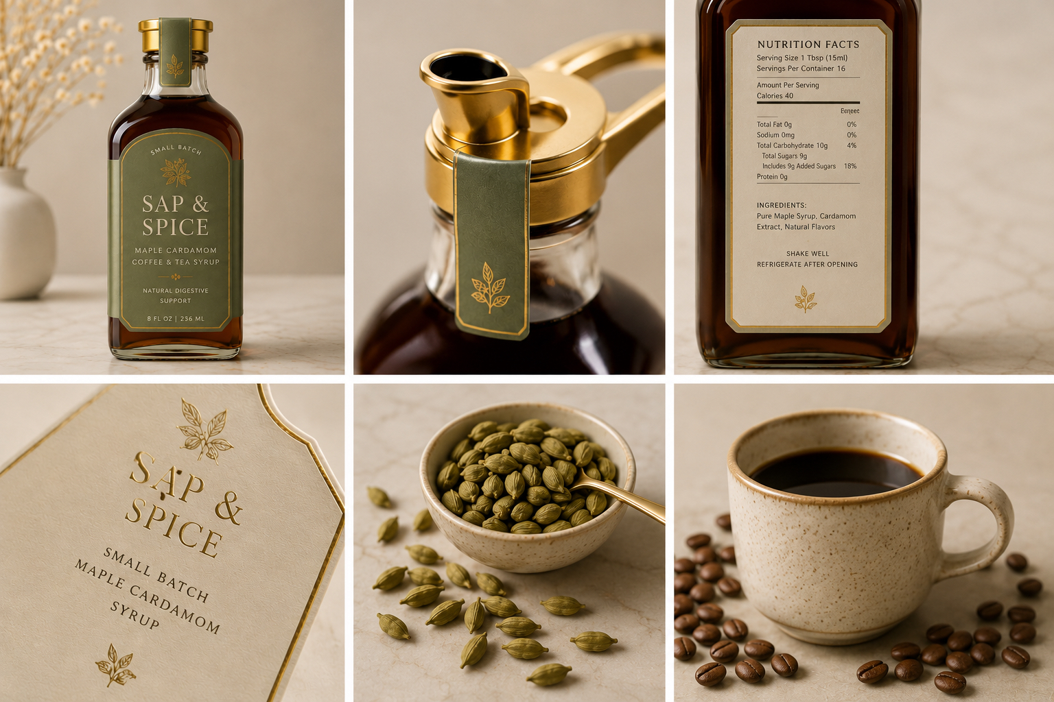 Sap & Spice cardamom maple syrup bottle in soft light with cardamom pods and coffee