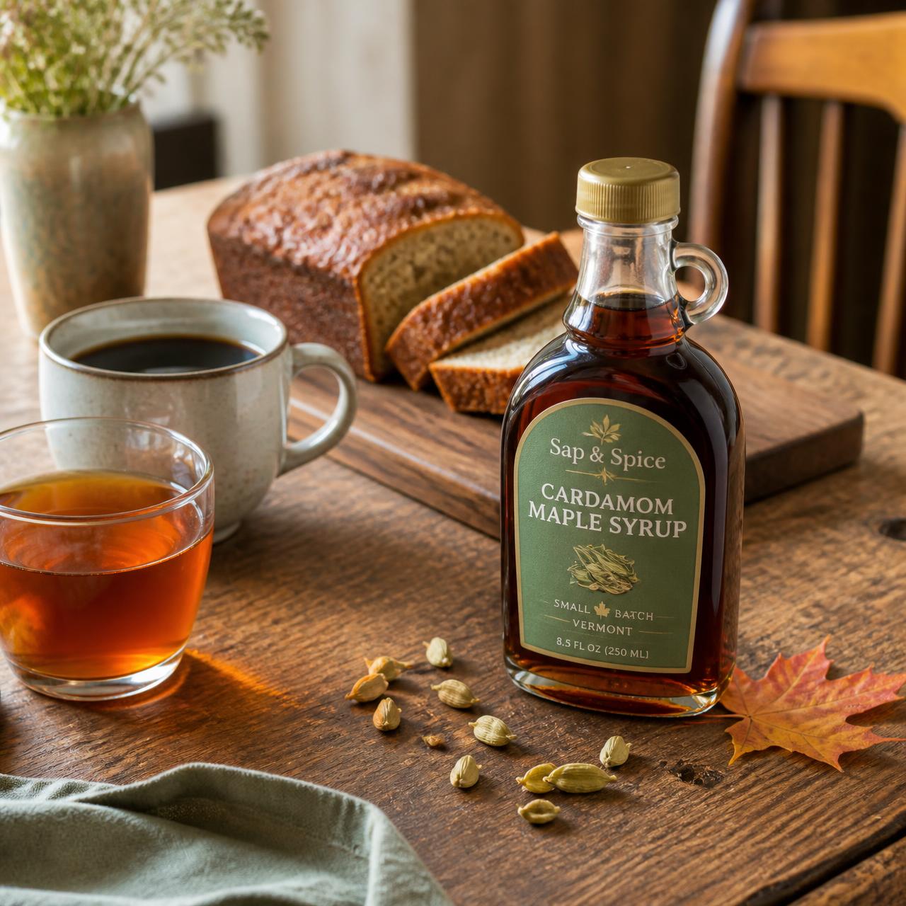 A Vermont wooden table set with coffee, tea, banana bread, and a bottle of Sap & Spice Cardamom Maple Syrup