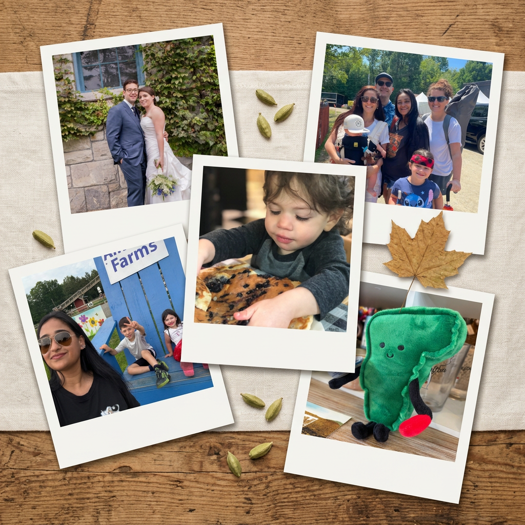 A family-photo collage with layered snapshots from the Phoenix family story, arranged with maple and cardamom-inspired styling
